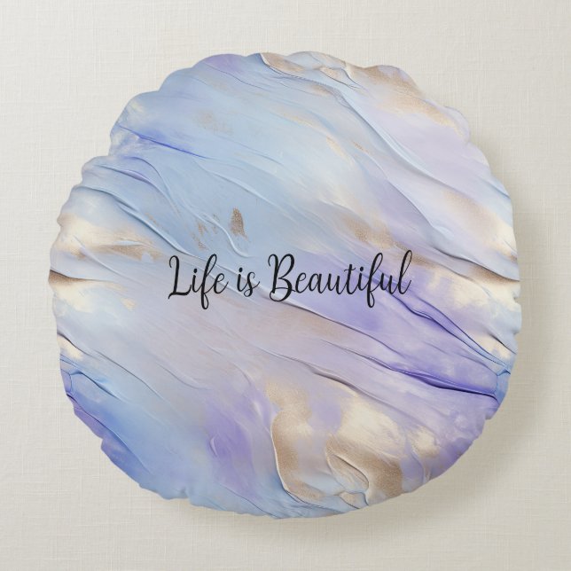 Almofada Redonda Flores brancas de pérolas roxas Douradas com Glam  (Frente)