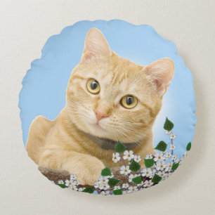 Almofada Redonda Flores Brancas e Gato Listrado Laranja em Azul Cla