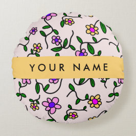 Almofada Redonda Flores Coloridas, Fundo Rosa, Amarelo