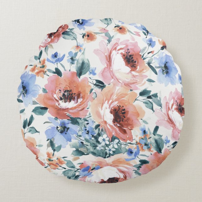 Almofada Redonda Flores de aquarela, ilustração uniforme de padrões (Frente)
