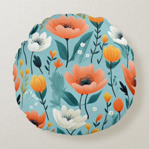Almofada Redonda Flores de arte coloridas-aqua, brancas, pêssego, a