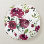 Almofada Redonda Flores de Borgonha de Aquarela | Padrão Floral<br><div class="desc">Travesseiro floral feminino e elegante de aquarela com peões burgundy. Este design está disponível em outros produtos.</div>