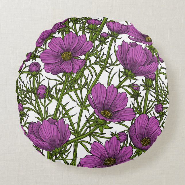 Almofada Redonda Flores de cosmos violetas (Frente)