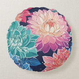 Almofada Redonda Flores de Dahlia Coloridas Elegantes em Fundo Escu