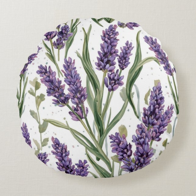 Almofada Redonda Flores de Lavanda Roxa Botânica Aquarela (Frente)