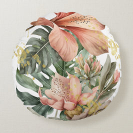 Almofada Redonda Flores de Orquídea Selvagem de Aquarela