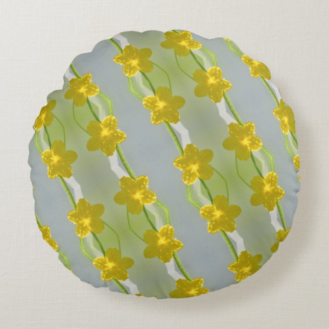 Almofada Redonda Flores de pepino amarelo, caules verdes, Travessei (Frente)