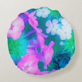 Almofada Redonda Flores de Phlox do Jardim Cor-de-Rosa, Verde, Azul