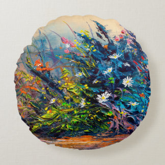 Almofada Redonda Flores de pintura de óleo, girassol, margarida nos