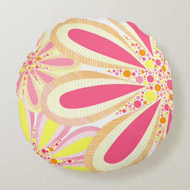 Almofada Redonda Flores de primavera amarelas e rosa (Frente)