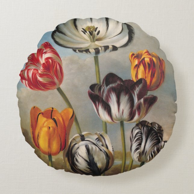 Almofada Redonda Flores de Tulipa Variegada Antiga em uma Paisagem (Frente)