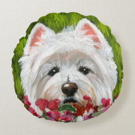 Almofada Redonda Flores de Westie e Rosa