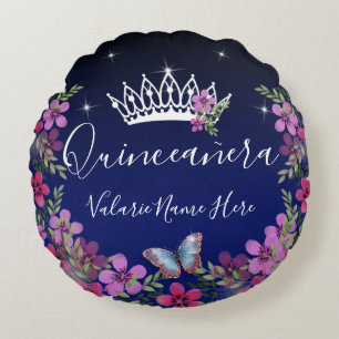 Almofada Redonda Flores e Borboleta Quinceanera Azul