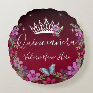 Almofada Redonda Flores e Borboleta Quinceanera Burgundy