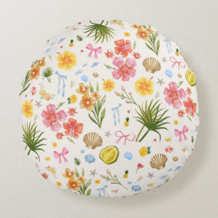Almofada Redonda Flores E Conchas Tropicais Desenhadas À Mão