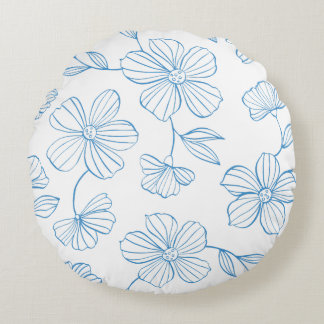 Almofada Redonda Flores E Folhas Com Contorno Azul