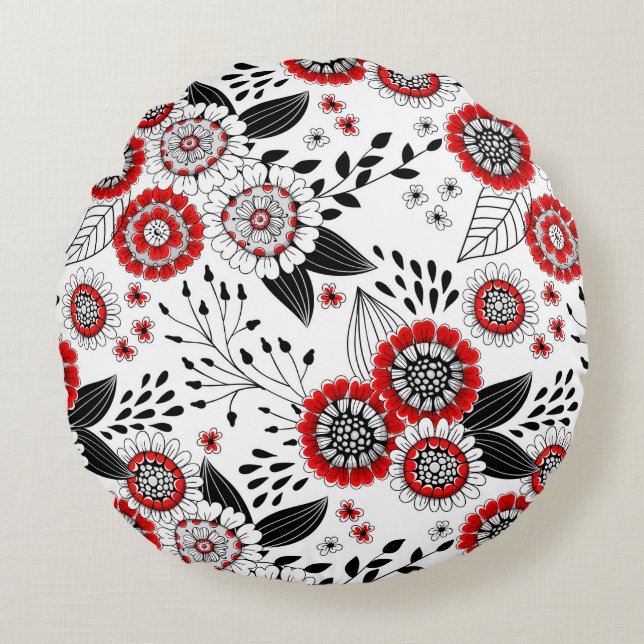 Almofada Redonda Flores e folhas de rabo em vermelho e preto (Frente)