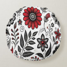 Flores e folhas rabiscadas em vermelho e preto