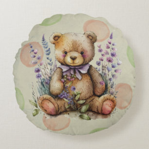 Almofada Redonda Flores E Polkadots De Lavanda De Urso Castanho