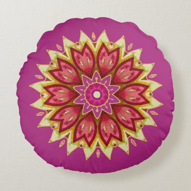 Almofada Redonda Flores em branco sobre magenta (Frente)