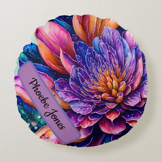 Almofada Redonda Flores exóticas elegantes, lança-aquarelas (Frente)