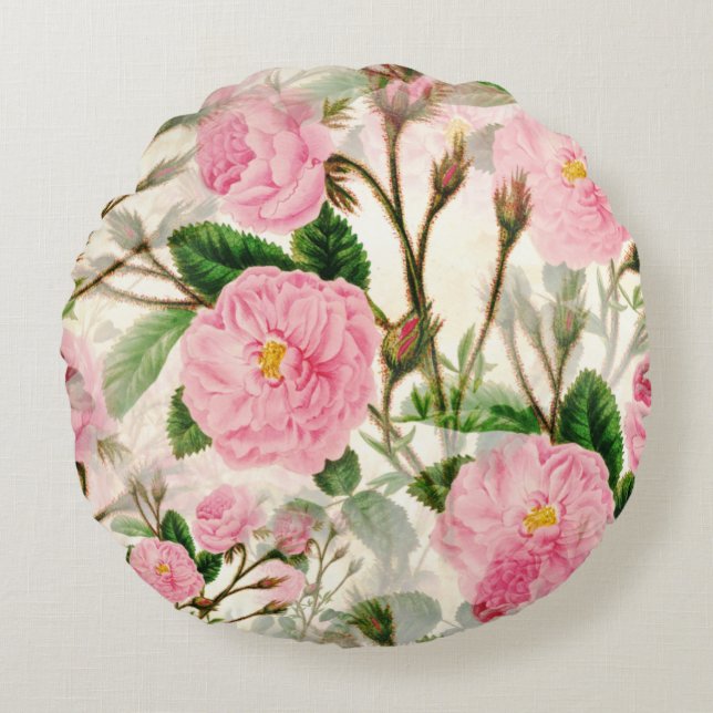 Almofada Redonda Flores, Folhas e Combustíveis de Península Rosa (Frente)