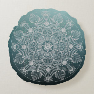 Almofada Redonda Flores, Folhas, Palácio Branco, Mandala em Teal