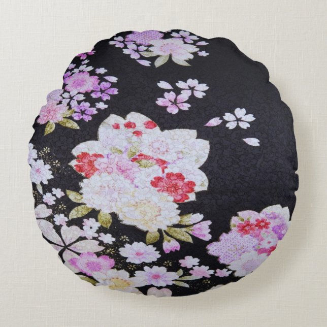 Almofada Redonda Flores Japonesas Tradicionais Brancas Negras (Frente)