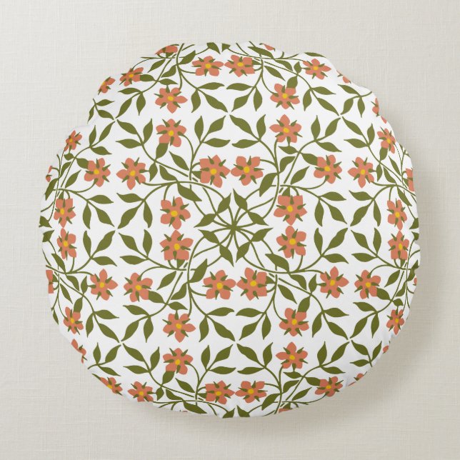 Almofada Redonda Flores Laranja, Padrão Floral, Verde, Boho (Frente)