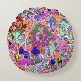 Almofada Redonda Flores Psicodélicas Quentes Rosa e Verde limão