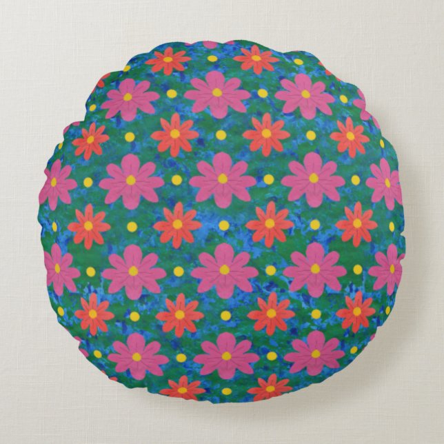 Almofada Redonda Flores Rangoli, Bolinhas no Travesseiro azul redon (Frente)