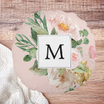 Almofada Redonda Flores Rosa Cor-de-Água Moderna Monogramadas<br><div class="desc">Flores Rosa Cor-de-Água Moderna Monogramadas</div>
