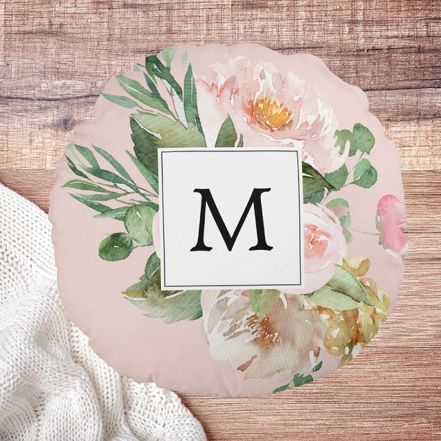 Almofada Redonda Flores Rosa Cor-de-Água Moderna Monogramadas (Criador carregado)