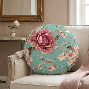 Almofada Redonda Flores Rosa e Branco Shabby Chic em Azul Turquesa