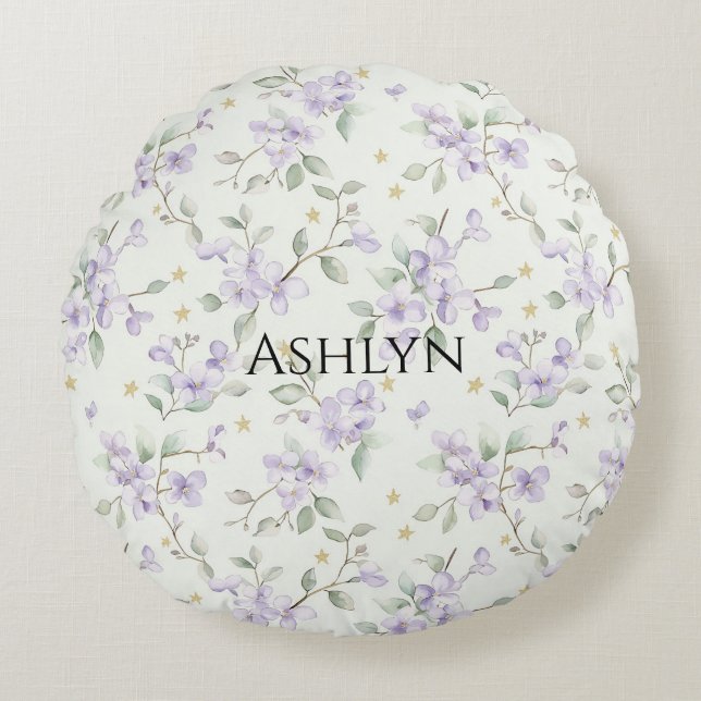 Almofada Redonda Flores Roxas Estrelas Douradas Luas (Frente)