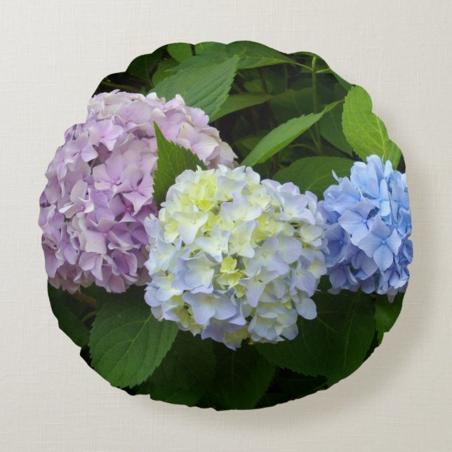 Almofada Redonda Flores roxas rosa elegantes Hydrangeas (Frente)