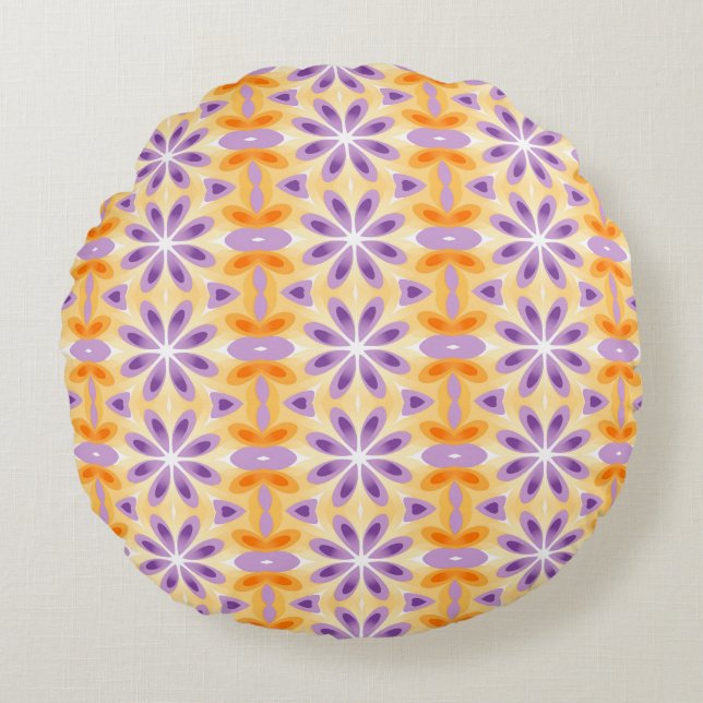 Almofada Redonda Flores Roxo Amarelo Laranja (Frente)