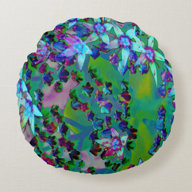Almofada Redonda Flores-Sedum Sucultas em Aqua, Roxo e Azul (Frente)