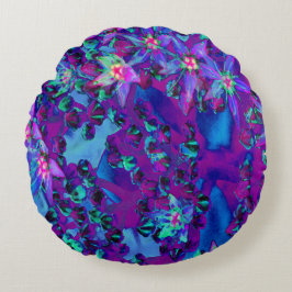 Almofada Redonda Flores-Sedum Sucultas em Teal, Magenta e Azul