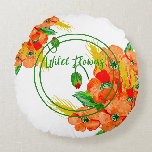 Almofada Redonda Flores selvagens aquarela (Frente)