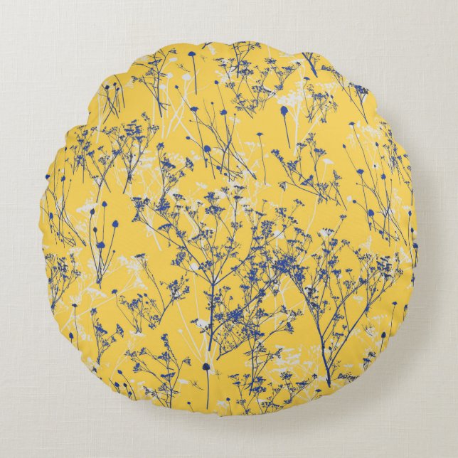Almofada Redonda Flores Selvagens Elegantes em Amarelo de Mostarda (Frente)