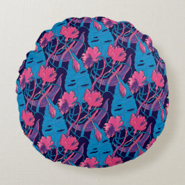 Almofada Redonda Flores Silvestres Tropicais Azul Rosa Exótico Mode