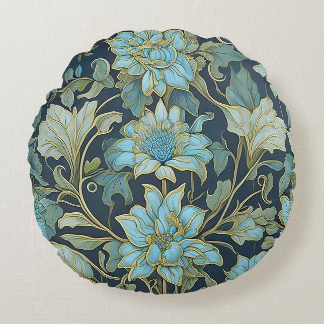 Almofada Redonda Flores Teal de William Morris (Frente)