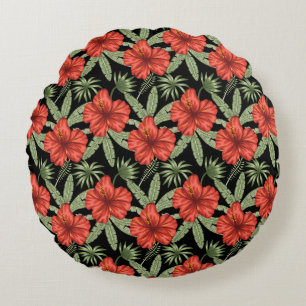 Almofada Redonda Flores tropicais vermelhas Folhas verdes