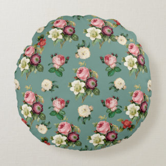 Almofada Redonda Flores Vintage no Azul Pedra, Impressão Floral Ret