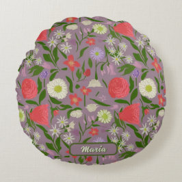 Almofada Redonda Flores Violetas Brancas E Rosa