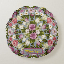 Almofada Redonda Flores Violetas Brancas E Rosa