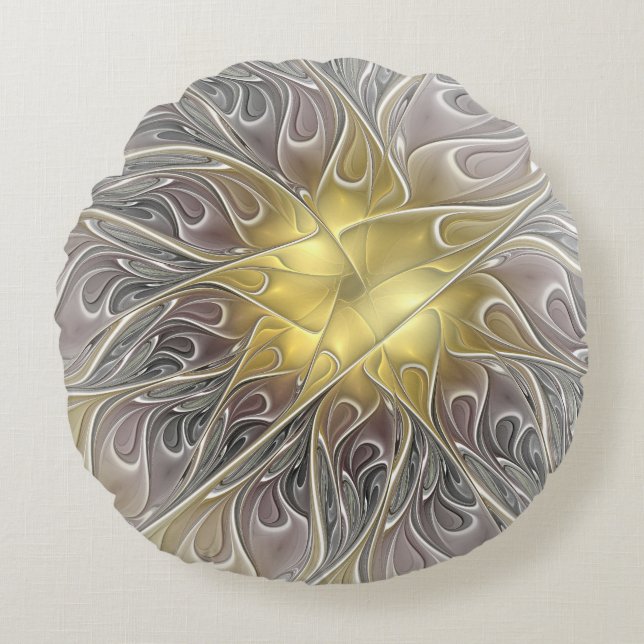 Almofada Redonda Florescer Com Flor Fractal Abstrata Moderna Dourad (Frente)