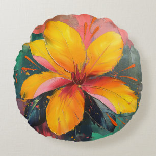 Almofada Redonda Florescer Dourado – Expressão Floral Abstrata Vibr