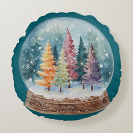 Almofada Redonda Floresta Colorida de Natal em Globo de Neve